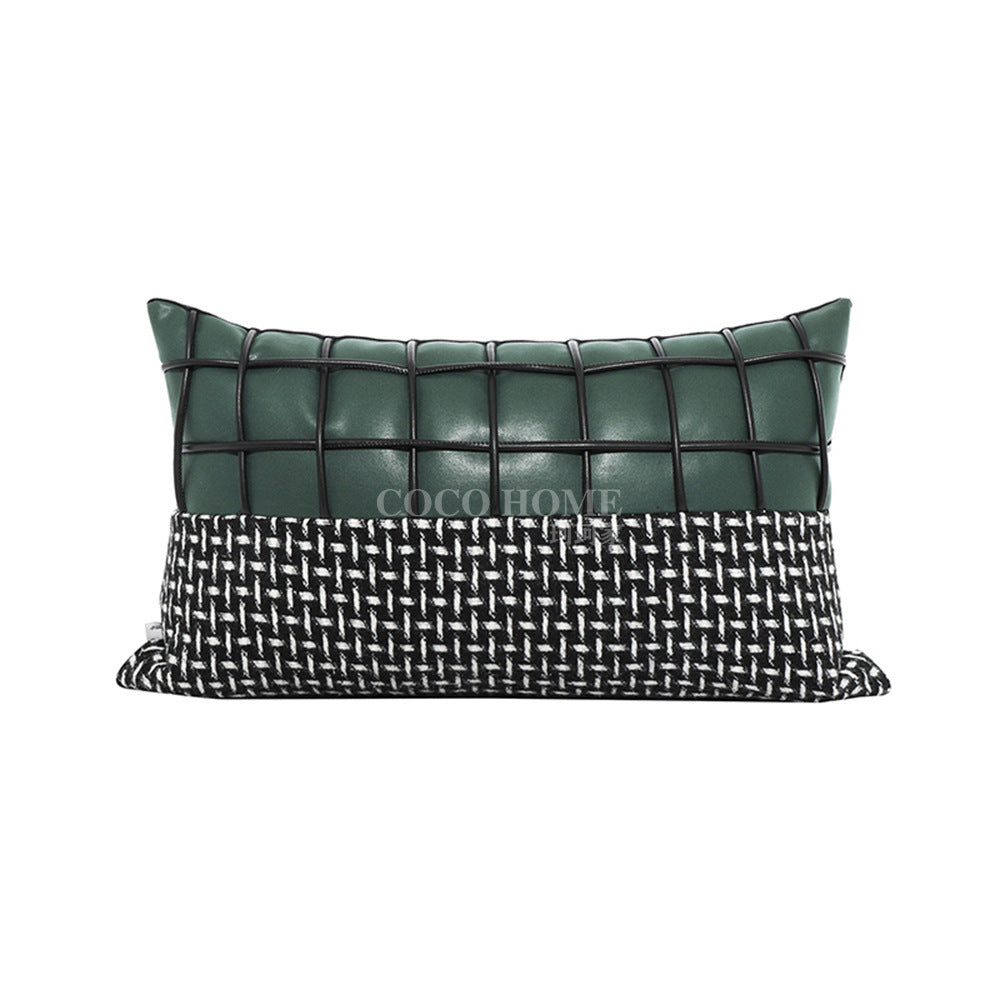 HKM-028115 Retro Green Jacquard Pillowcase in Hand-Woven Leather and Dutch Velvet - Available in 45x45 cm and 30x50 cm