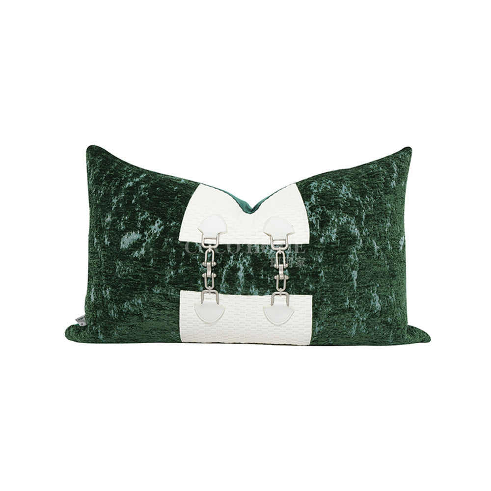 HKM-028115 Retro Green Jacquard Pillowcase in Hand-Woven Leather and Dutch Velvet - Available in 45x45 cm and 30x50 cm