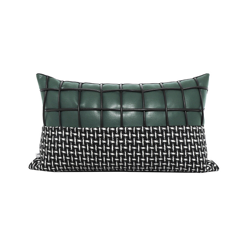 HKM-028115 Retro Green Jacquard Pillowcase in Hand-Woven Leather and Dutch Velvet - Available in 45x45 cm and 30x50 cm