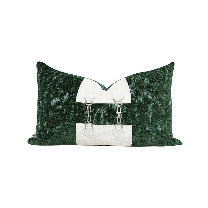 HKM-028115 Retro Green Jacquard Pillowcase in Hand-Woven Leather and Dutch Velvet - Available in 45x45 cm and 30x50 cm