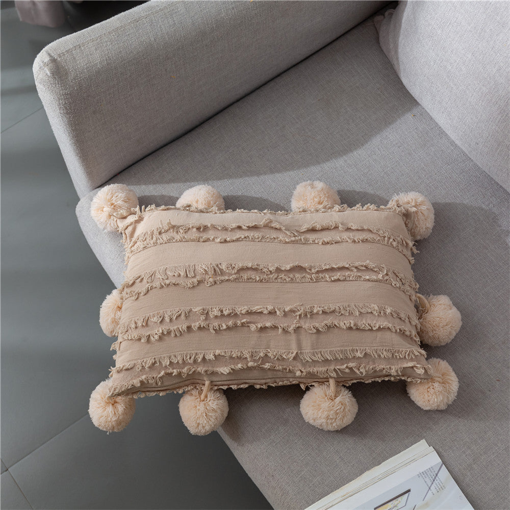 HKM-029075 Nordic Solid Color Rectangular Lumbar Cushion Cover - 30x50cm, Tassel Design, Available in White, Apricot Yellow, Carbon Gray