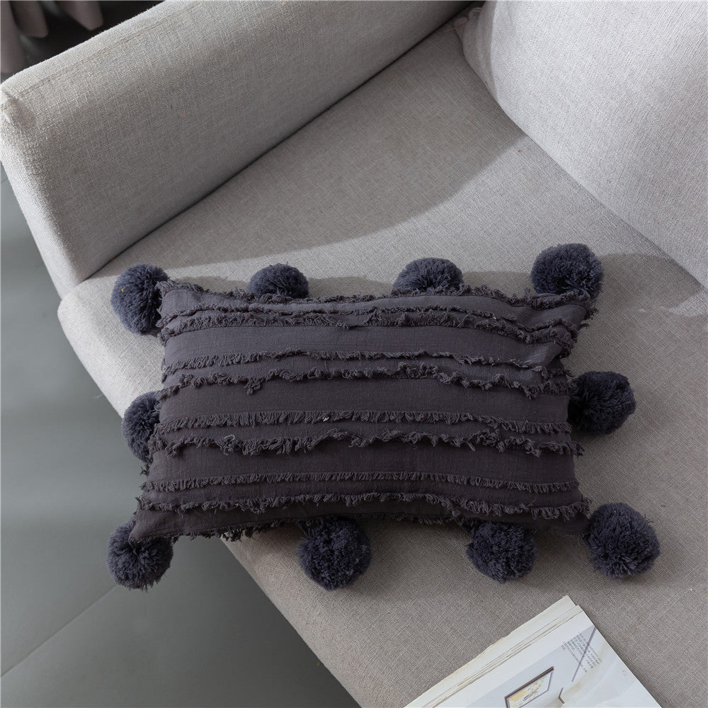 HKM-029075 Nordic Solid Color Rectangular Lumbar Cushion Cover - 30x50cm, Tassel Design, Available in White, Apricot Yellow, Carbon Gray