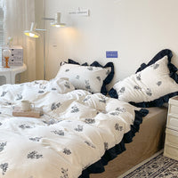 HKM-029267 French Light Luxury Princess Cotton Four-Piece Bedding Set with Vintage Floral Lace Designs