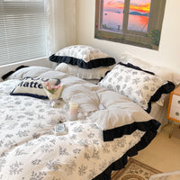 HKM-029267 French Light Luxury Princess Cotton Four-Piece Bedding Set with Vintage Floral Lace Designs