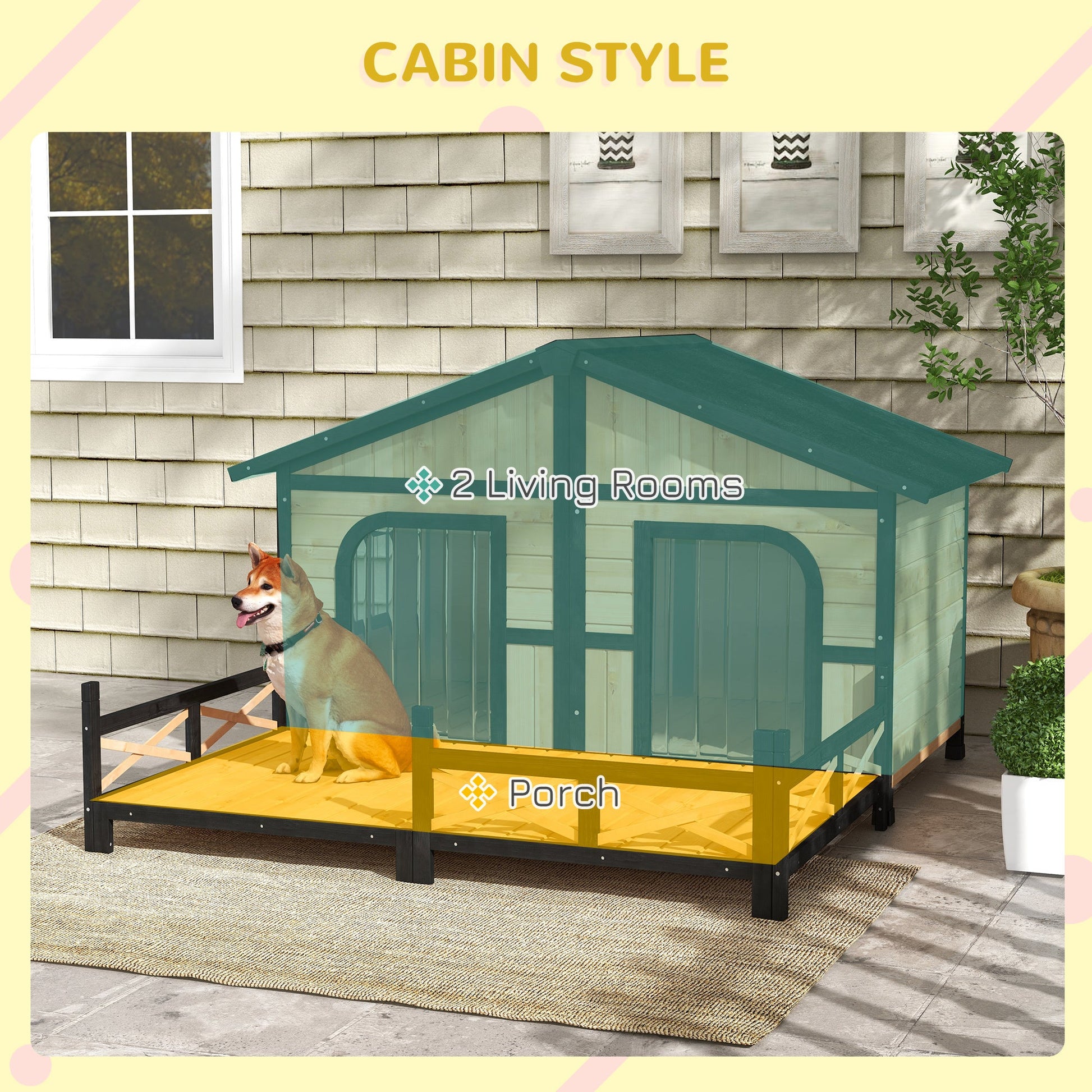 HKM-029267 Large Wooden Dog House - Weatherproof Rustic Log Cabin Elevated Pet Shelter with Porch, Natural Finish