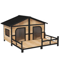 HKM-029267 Large Wooden Dog House - Weatherproof Rustic Log Cabin Elevated Pet Shelter with Porch, Natural Finish
