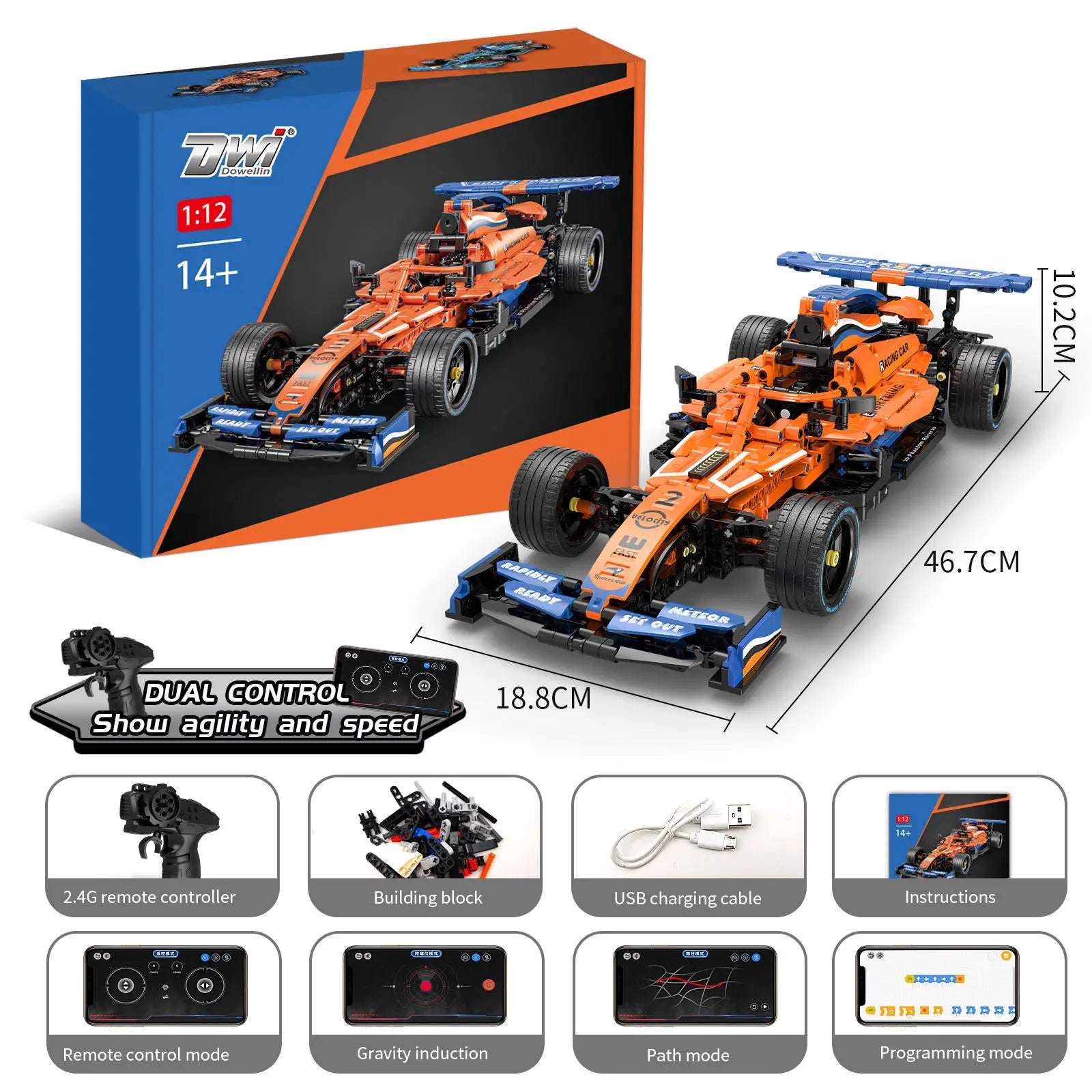 HKM-029843 1/12 Scale RC Building Blocks Sports Car - DIY Assembly, Programmable Educational Toy for Kids 8+