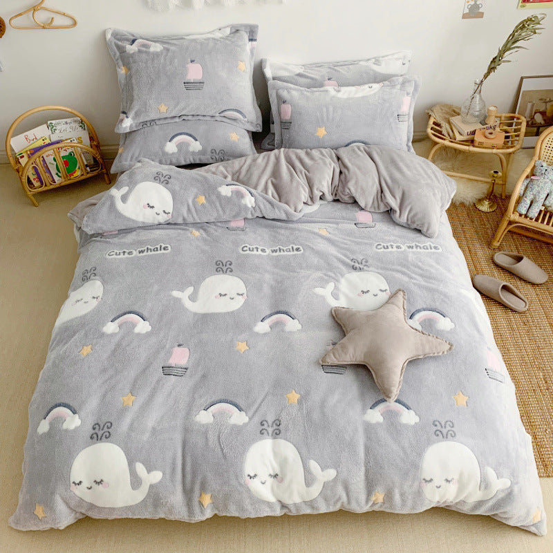 HKM-030099 Cartoon Snow Fleece Bedding Set - Thick and Warm 4-Piece Collection in Various Sizes