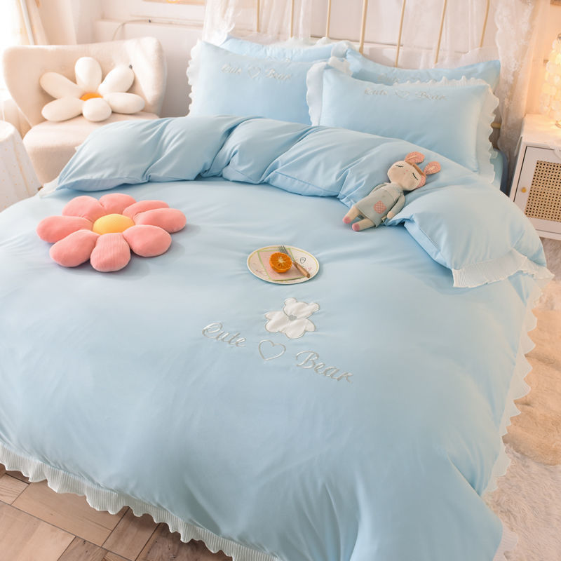 HKM-030419 Cotton Lace Bed Sheet Set - Skin-Friendly, Breathable, Four-Piece in Various Colors