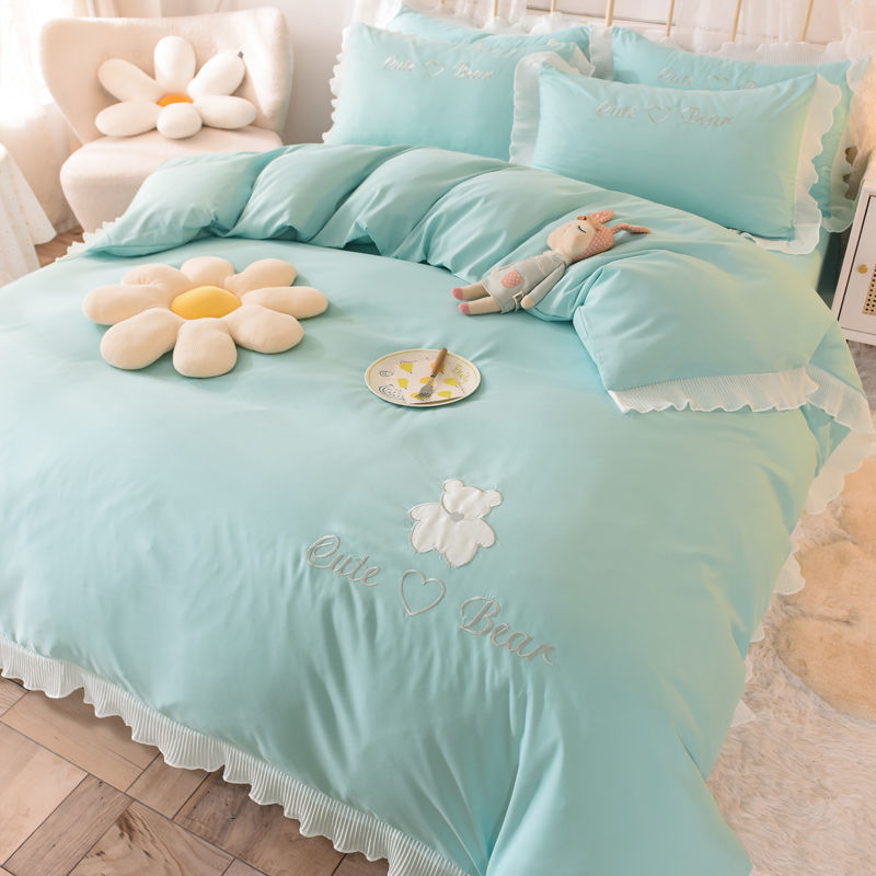 HKM-030419 Cotton Lace Bed Sheet Set - Skin-Friendly, Breathable, Four-Piece in Various Colors