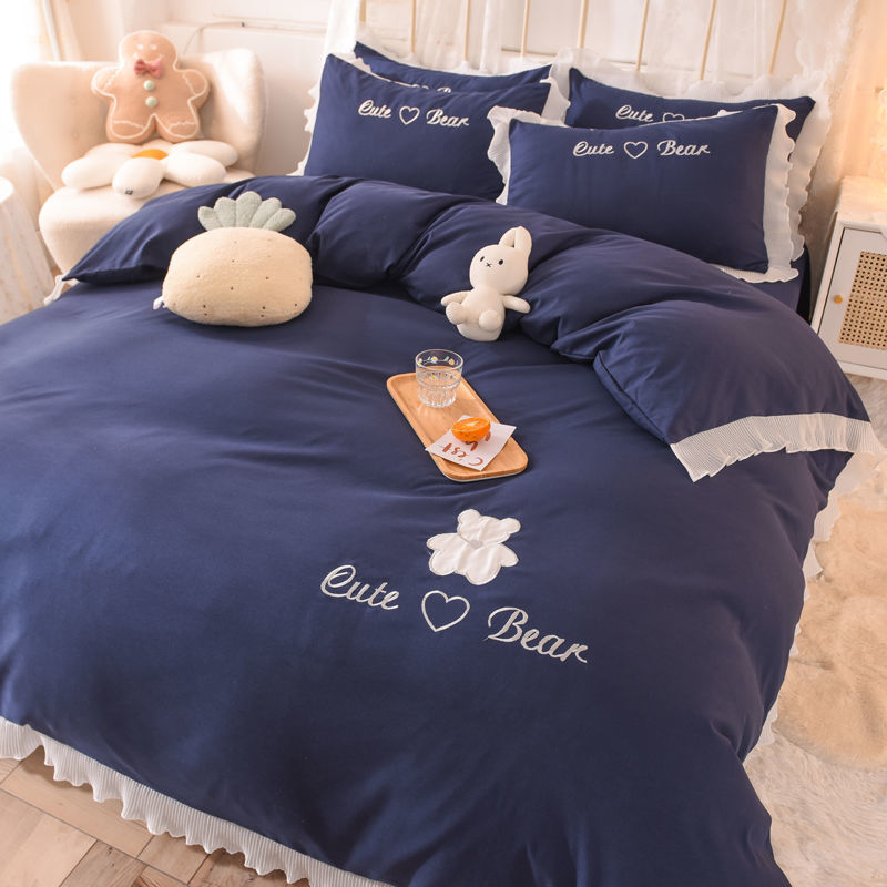 HKM-030419 Cotton Lace Bed Sheet Set - Skin-Friendly, Breathable, Four-Piece in Various Colors