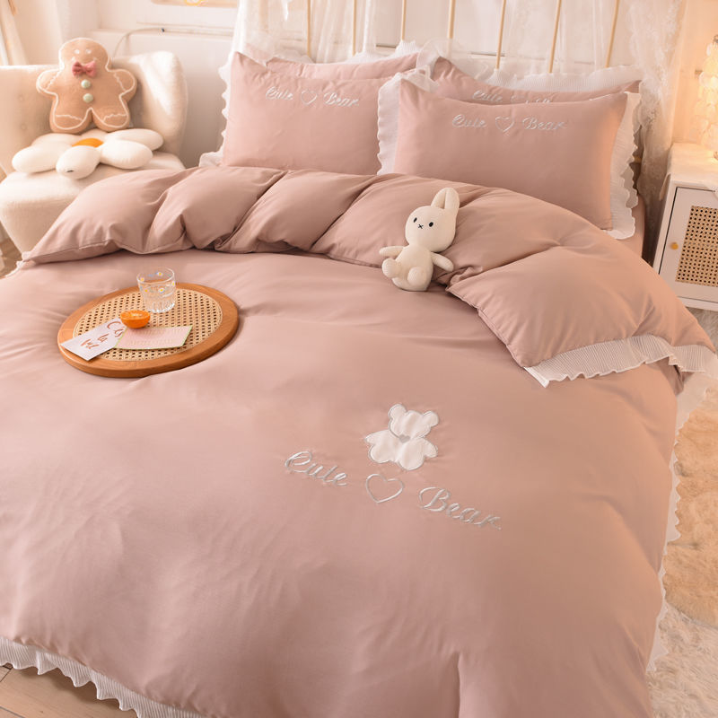 HKM-030419 Cotton Lace Bed Sheet Set - Skin-Friendly, Breathable, Four-Piece in Various Colors