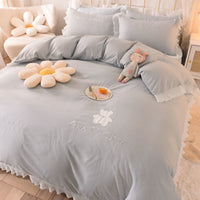 HKM-030419 Cotton Lace Bed Sheet Set - Skin-Friendly, Breathable, Four-Piece in Various Colors