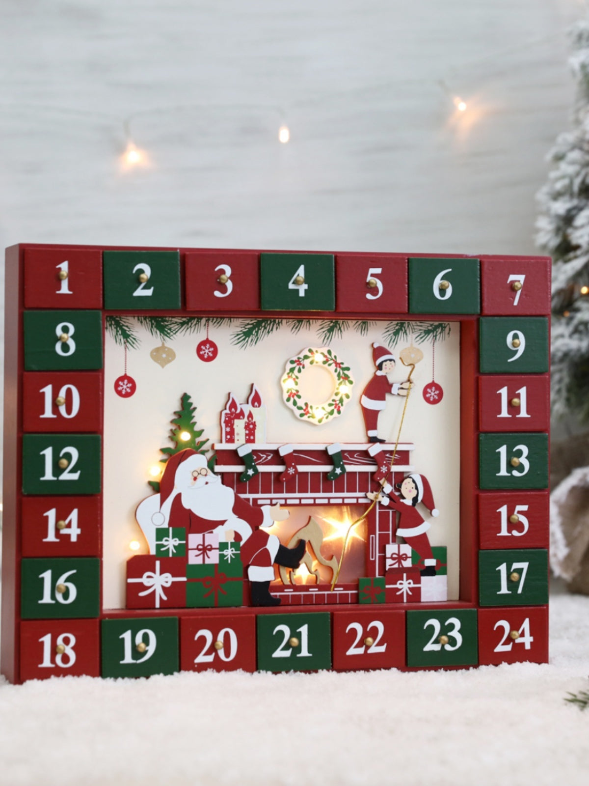 HKM-030547 Christmas Wooden Countdown Calendar Box with Drawers for Holiday Decor