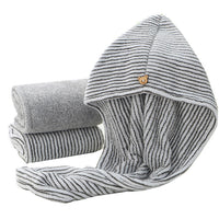 HKM-030995 Bamboo Charcoal Fiber Hair Towel - Coral Velvet Material in Gray and Striped Design