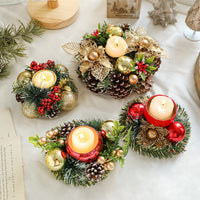 HKM-032019 Christmas Candlestick Wreath with Red Berries, Pinecones, and Fake Leaves for Home Decor