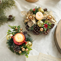 HKM-032019 Christmas Candlestick Wreath with Red Berries, Pinecones, and Fake Leaves for Home Decor