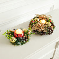 HKM-032019 Christmas Candlestick Wreath with Red Berries, Pinecones, and Fake Leaves for Home Decor
