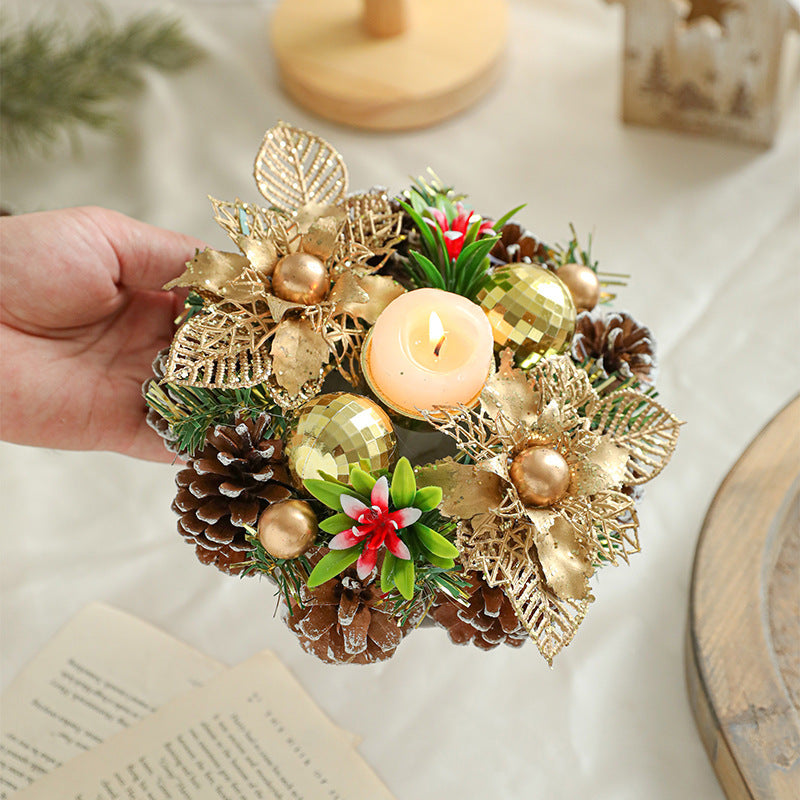 HKM-032019 Christmas Candlestick Wreath with Red Berries, Pinecones, and Fake Leaves for Home Decor