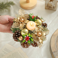 HKM-032019 Christmas Candlestick Wreath with Red Berries, Pinecones, and Fake Leaves for Home Decor