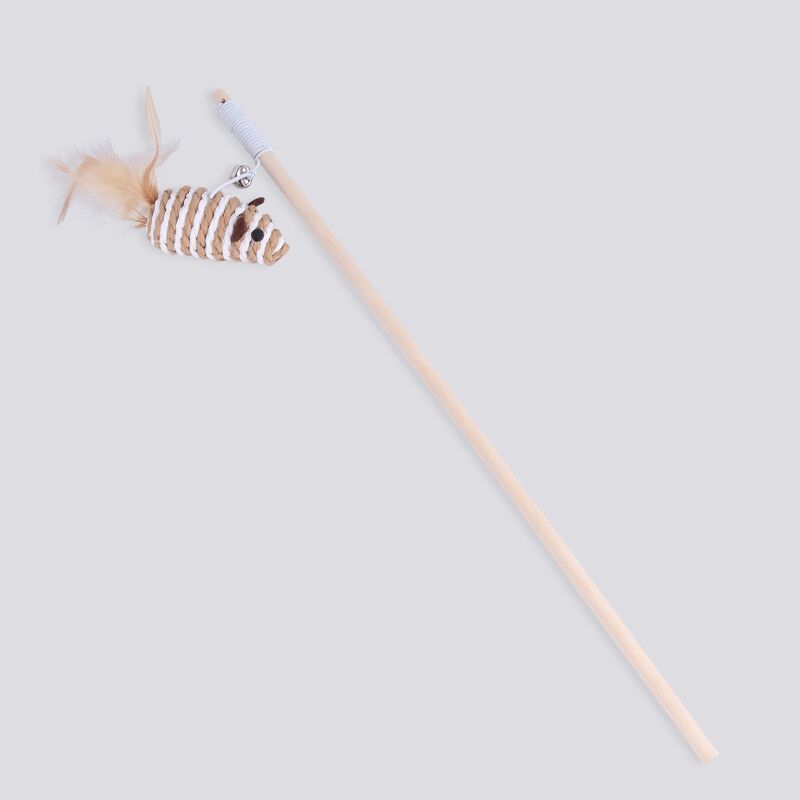 HKM-032211 Feather and Bell Tease Cat Pole Toy with 40cm Wood Pole and 75cm Leather Band
