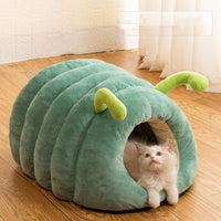 HKM-032531 Cozy Caterpillar Plush Pet Bed for Cats - Orange and Green, Soft Crystal Velvet, Winter Warm Design
