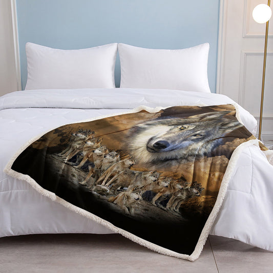 HKM-033875 Sherpa Fleece Blanket with Native American Wolf Design - Plush Throw for Bed, Couch, and Nursery (50x60 Inch & 60x80 Inch)