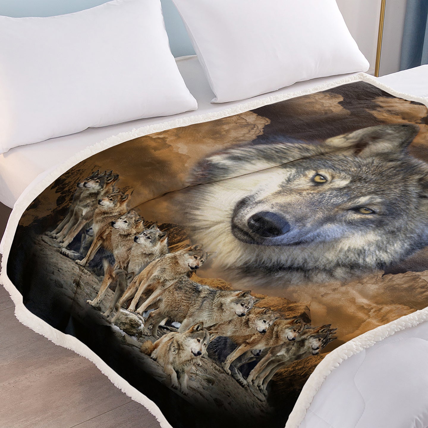 HKM-033875 Sherpa Fleece Blanket with Native American Wolf Design - Plush Throw for Bed, Couch, and Nursery (50x60 Inch & 60x80 Inch)