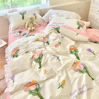 HKM-034707 Cartoon-Themed Cotton Summer Bed Set - Three-Piece Bedding Ensemble with Lace Designs