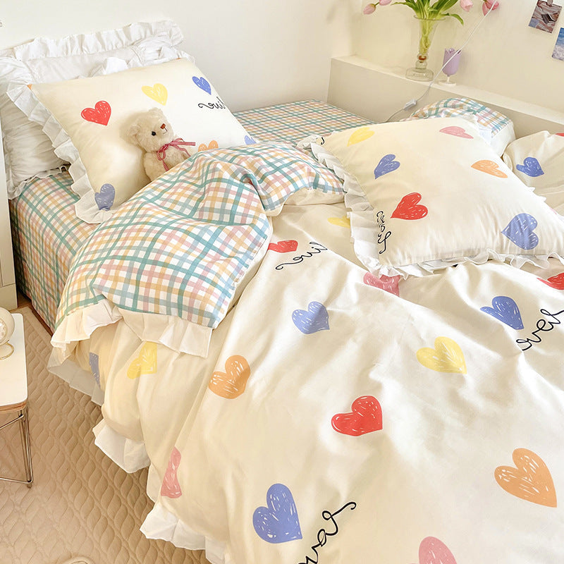 HKM-034707 Cartoon-Themed Cotton Summer Bed Set - Three-Piece Bedding Ensemble with Lace Designs
