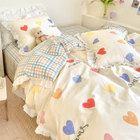 HKM-034707 Cartoon-Themed Cotton Summer Bed Set - Three-Piece Bedding Ensemble with Lace Designs