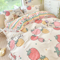 HKM-034707 Cartoon-Themed Cotton Summer Bed Set - Three-Piece Bedding Ensemble with Lace Designs