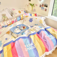 HKM-034707 Cartoon-Themed Cotton Summer Bed Set - Three-Piece Bedding Ensemble with Lace Designs