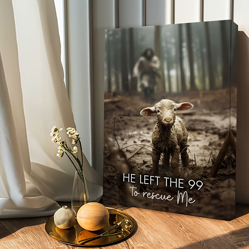 KTX-034963 Framed Canvas Art: He Left 99 Sheep to Save Me - Christian Wall Decor for Living Room and Bedroom