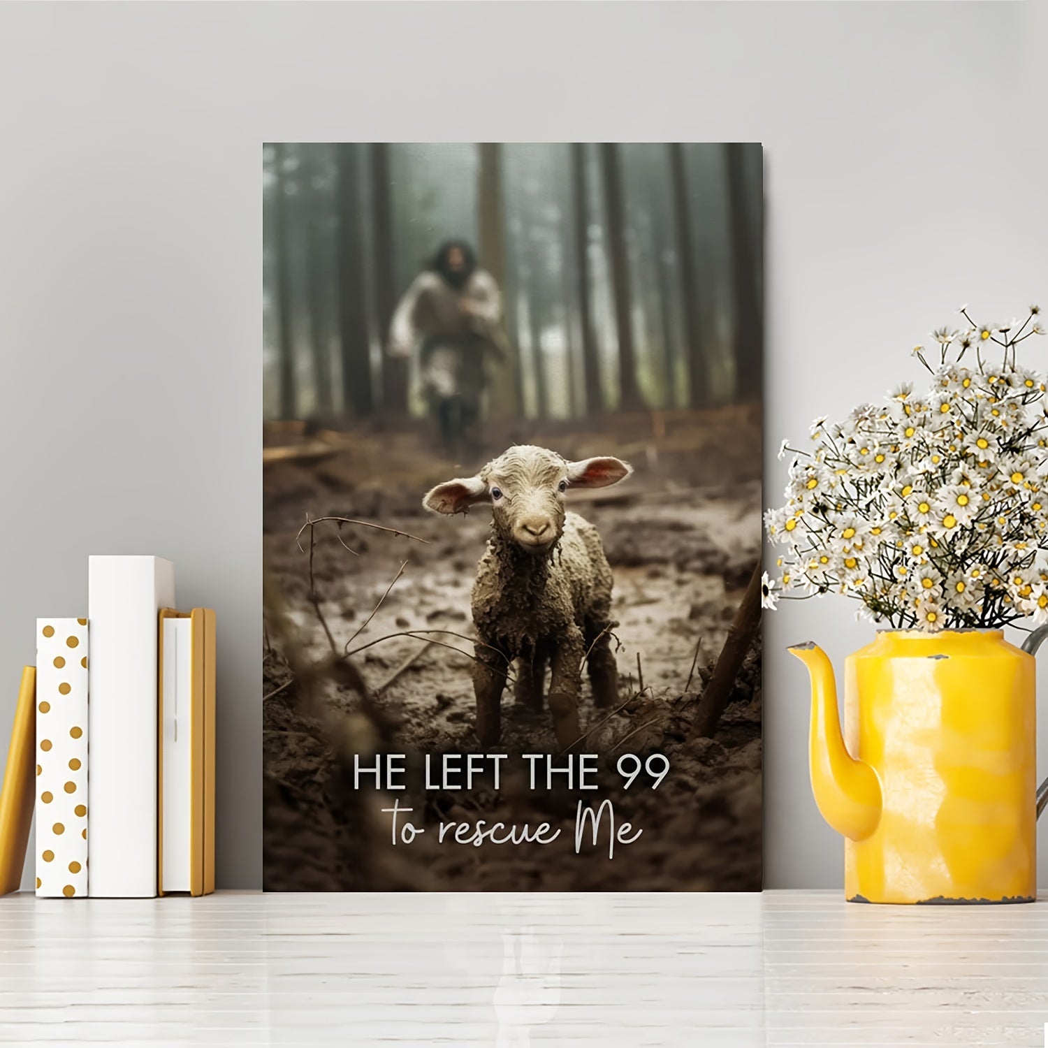 KTX-034963 Framed Canvas Art: He Left 99 Sheep to Save Me - Christian Wall Decor for Living Room and Bedroom