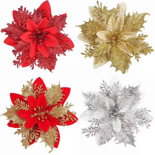HKM-035155 Double-Layer Christmas Flower Garland in Gold, Red, Silver - 14cm Plastic Decoration