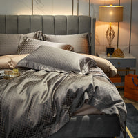 HKM-035347 Luxury Jacquard Bedding Set with Stripes - Four-Piece Cotton Satin Quilt Cover and Bed Sheet Collection