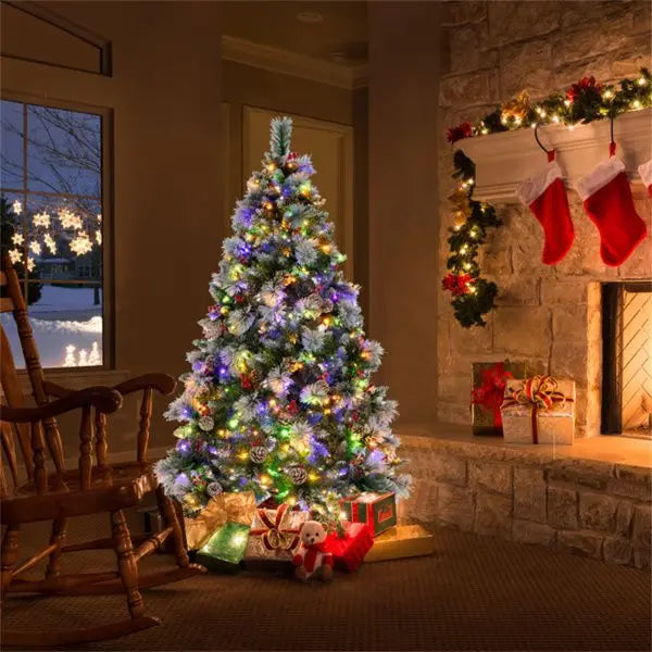 KTX-035475 6ft Pre-Lit Christmas Tree with 55 Red Berries, 55 Pine Cones, & Changeable Lights for Home or Office Decor