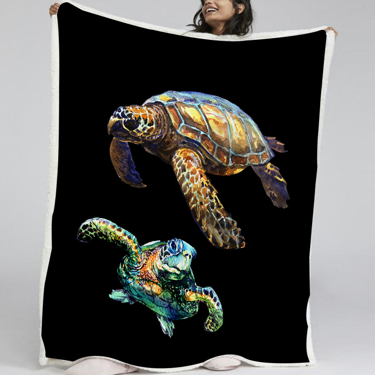 HKM-035859 Cozy Sherpa Fleece Blanket with Black Base Turtle Design - Two Sizes Available