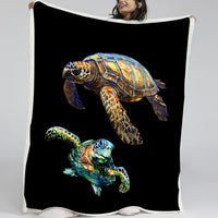 HKM-035859 Cozy Sherpa Fleece Blanket with Black Base Turtle Design - Two Sizes Available