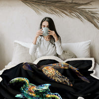 HKM-035859 Cozy Sherpa Fleece Blanket with Black Base Turtle Design - Two Sizes Available