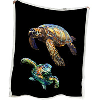 HKM-035859 Cozy Sherpa Fleece Blanket with Black Base Turtle Design - Two Sizes Available