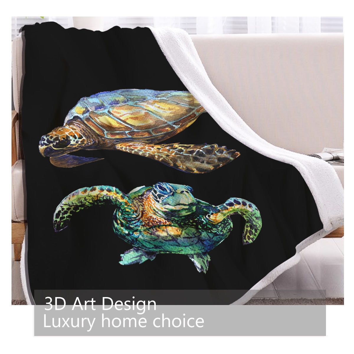 HKM-035859 Cozy Sherpa Fleece Blanket with Black Base Turtle Design - Two Sizes Available