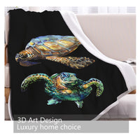 HKM-035859 Cozy Sherpa Fleece Blanket with Black Base Turtle Design - Two Sizes Available