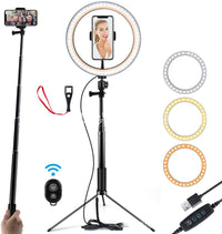 HKM-036243 10-Inch Dimmable LED Ring Light with Tripod and Bluetooth Remote for Phone Selfie and Video Shooting