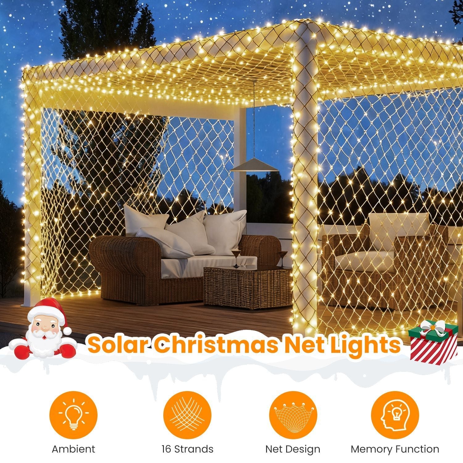 HKM-037139 192 LED Solar Christmas Net Lights 9.84x6.56FT, Dimmable, 8 Modes, IP44 Waterproof, Remote Control Timer for Indoor/Outdoor Decorations