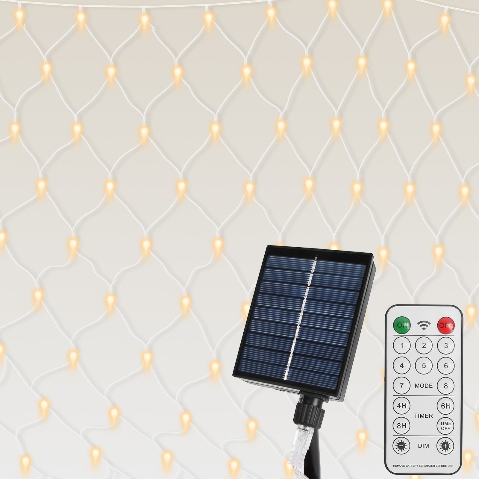 HKM-037139 192 LED Solar Christmas Net Lights 9.84x6.56FT, Dimmable, 8 Modes, IP44 Waterproof, Remote Control Timer for Indoor/Outdoor Decorations