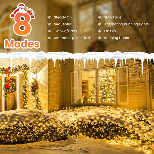 HKM-037139 192 LED Solar Christmas Net Lights 9.84x6.56FT, Dimmable, 8 Modes, IP44 Waterproof, Remote Control Timer for Indoor/Outdoor Decorations