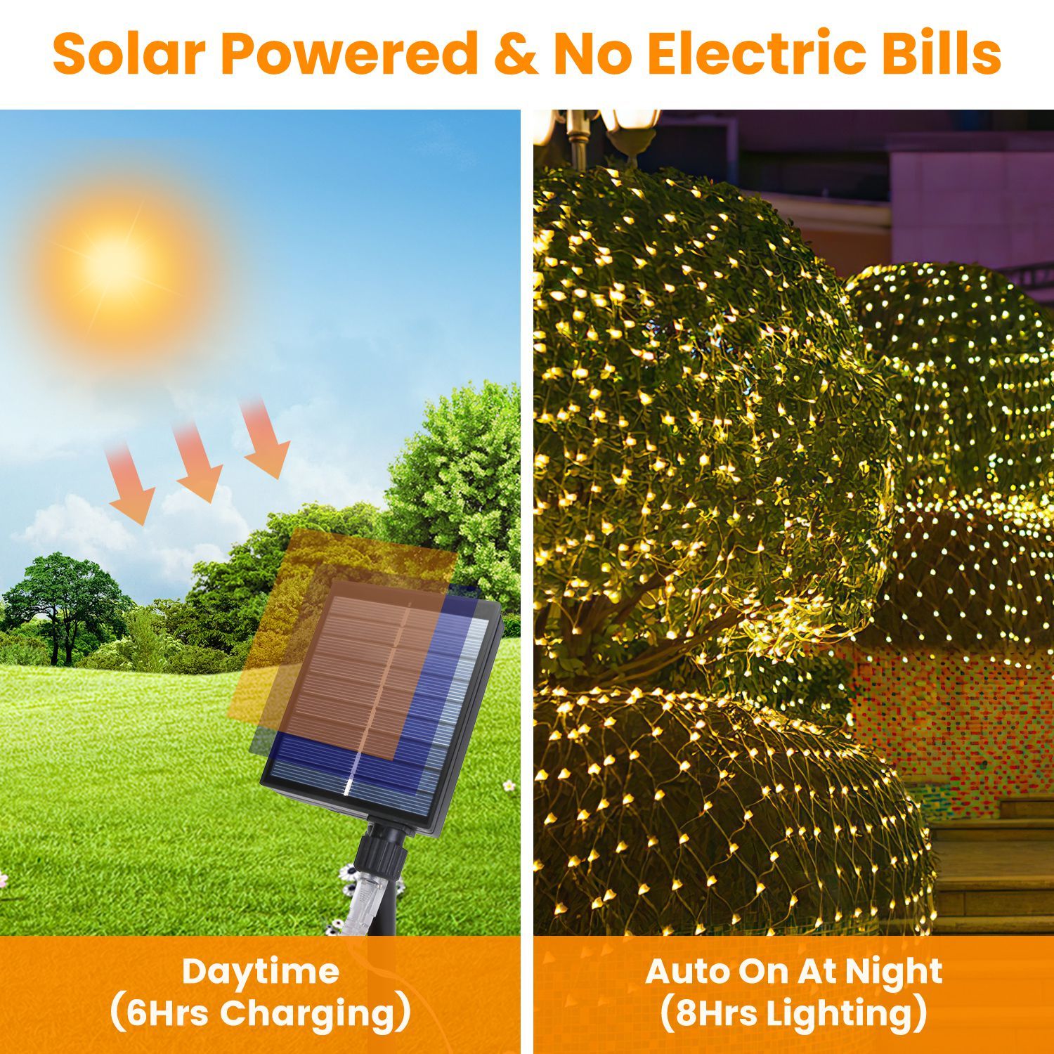 HKM-037139 192 LED Solar Christmas Net Lights 9.84x6.56FT, Dimmable, 8 Modes, IP44 Waterproof, Remote Control Timer for Indoor/Outdoor Decorations
