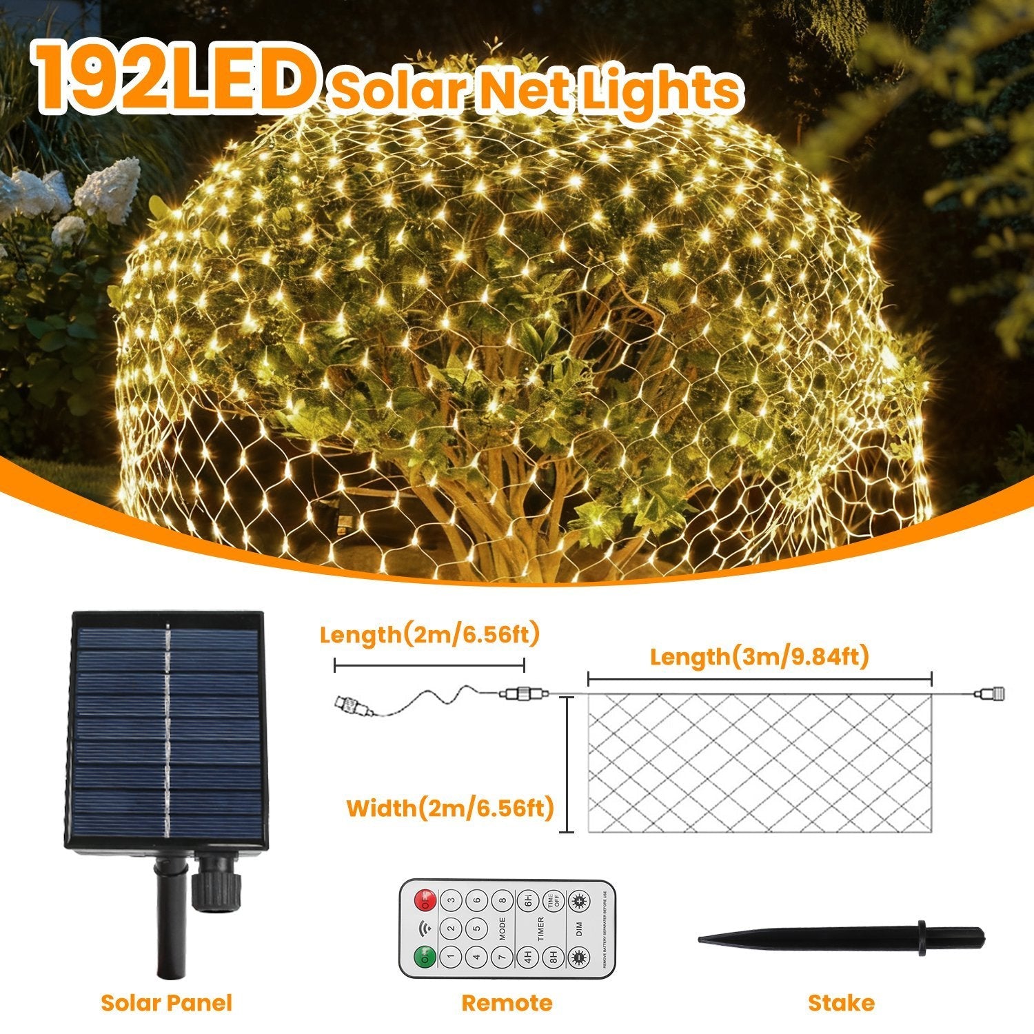 HKM-037139 192 LED Solar Christmas Net Lights 9.84x6.56FT, Dimmable, 8 Modes, IP44 Waterproof, Remote Control Timer for Indoor/Outdoor Decorations